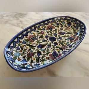Jerusalem Holyland Pottery Oval Dish Hand Painted Floral Israel Armenian Ceramic